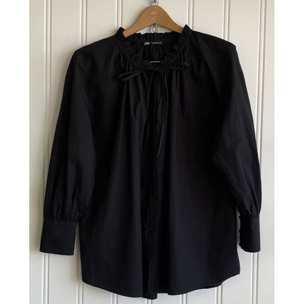 Zara Womens Size Small Black Oversized‎ Button Front Smocked Neck Blouse